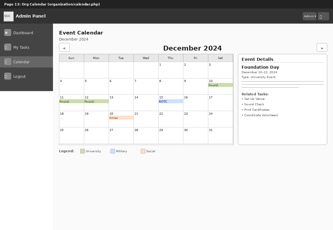 Organization Calendar Wireframe